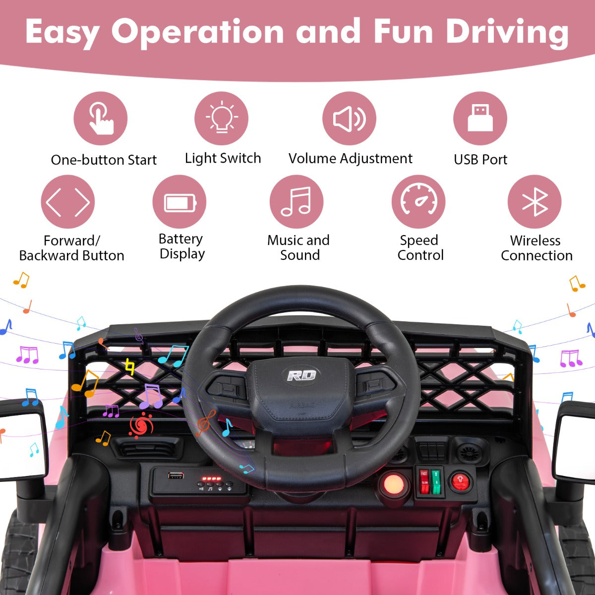Ride-on truck car with a rechargeable 12V 4.5AH battery and speed range of 2.5 to 4 km/h