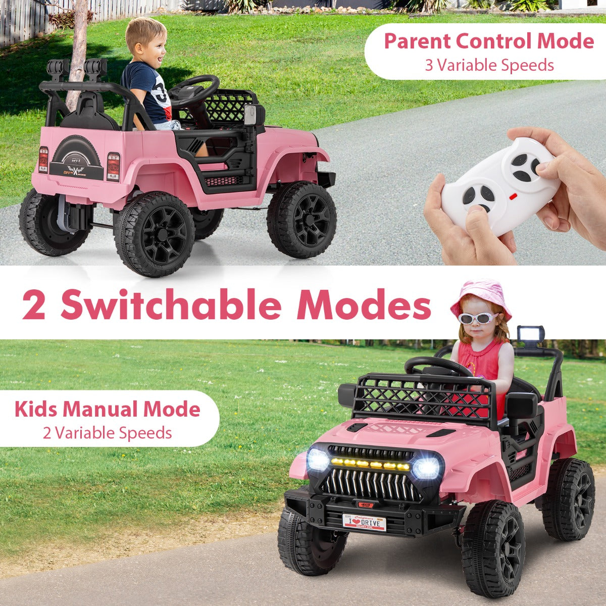 12V kids ride-on truck with dual motors, LED lights, music and remote control for exciting playtime