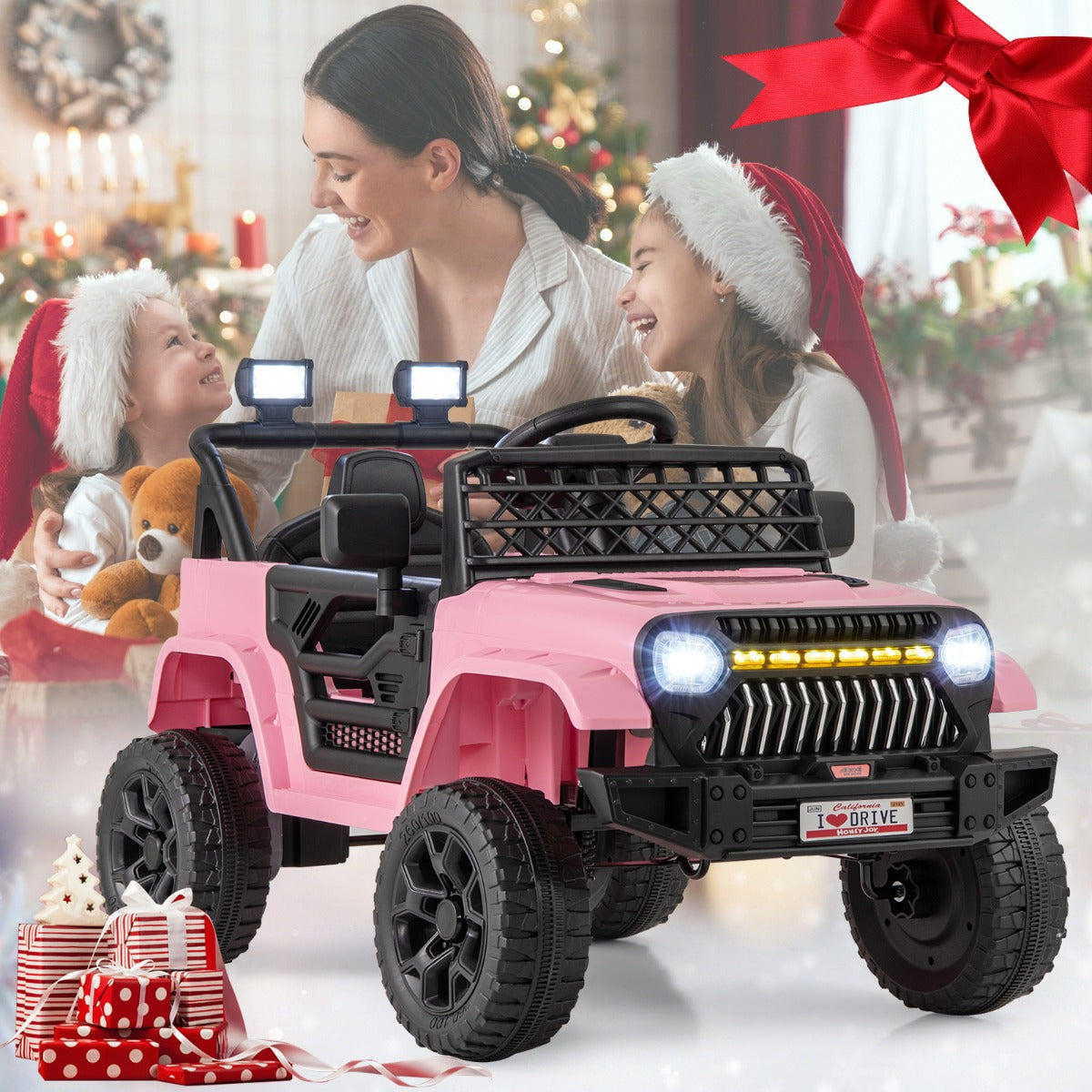 Black, pink, red or white children's ride-on truck with bright LED lights for a lively driving experience