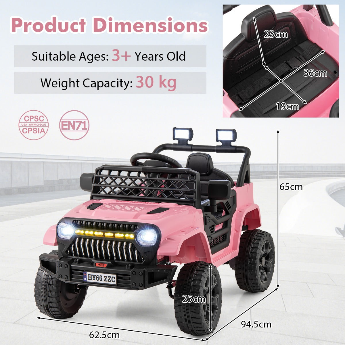 Safe ride-on car with safety belt, lockable doors, soft start and EN71 and CPSIA compliance