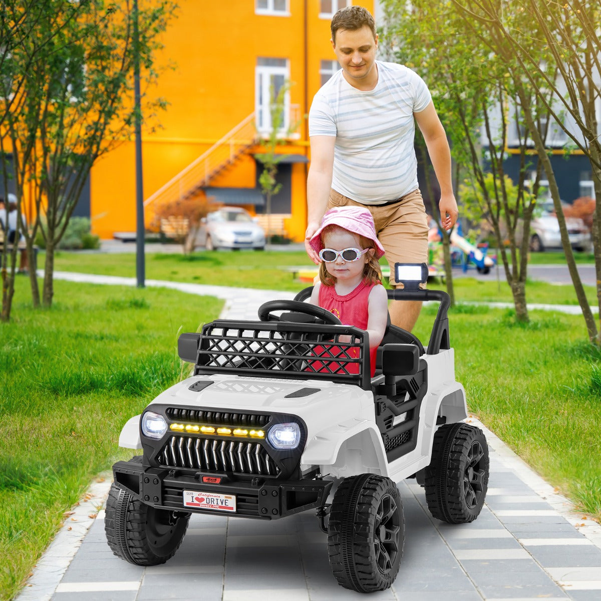 Realistic children's truck with steering wheel horn, rearview mirror and easy pedal operation