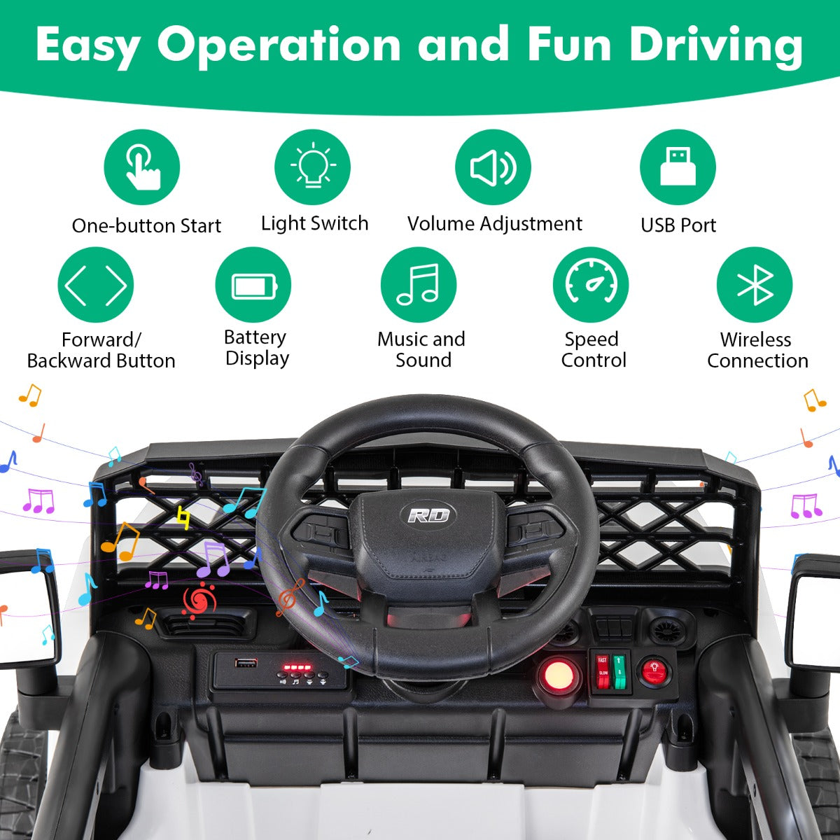 Safe ride-on car with safety belt, lockable doors, soft start and EN71 and CPSIA compliance