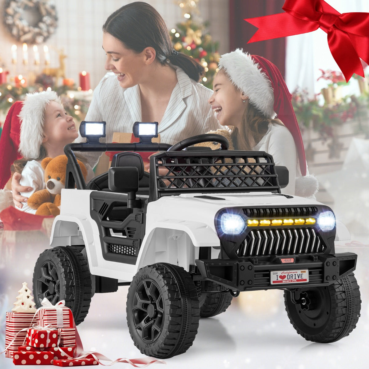 Black, pink, red or white children's ride-on truck with bright LED lights for a lively driving experience