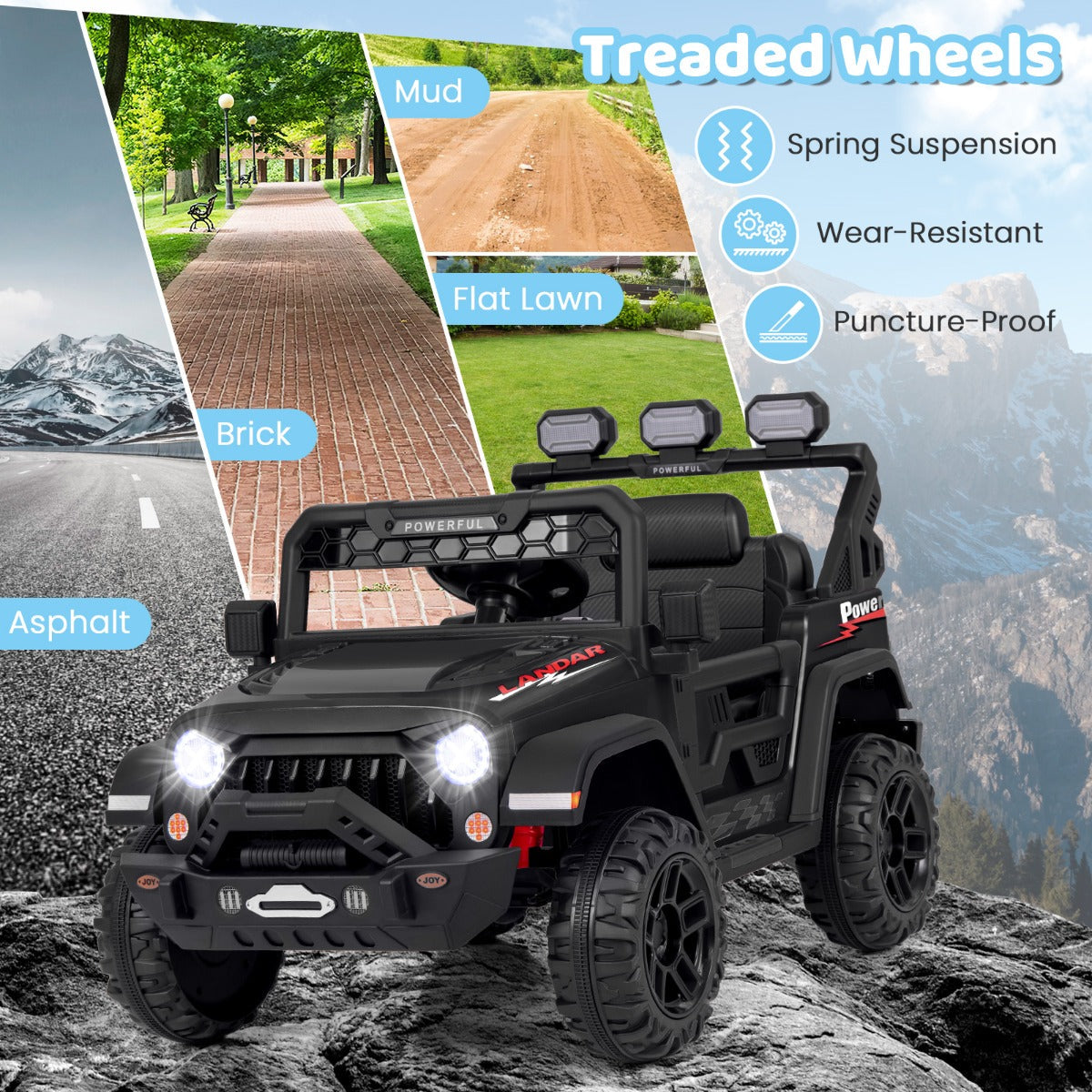 Kids ride-on car supporting manual driving with foot pedal and two speed levels for easy operation