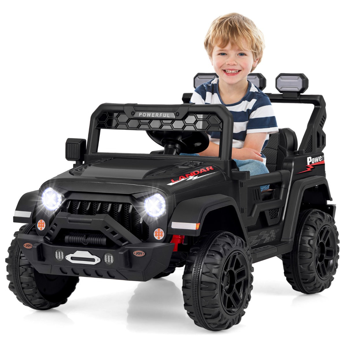 Realistic kids electric jeep with LED lights, rotating mirrors, lockable doors, and battery display