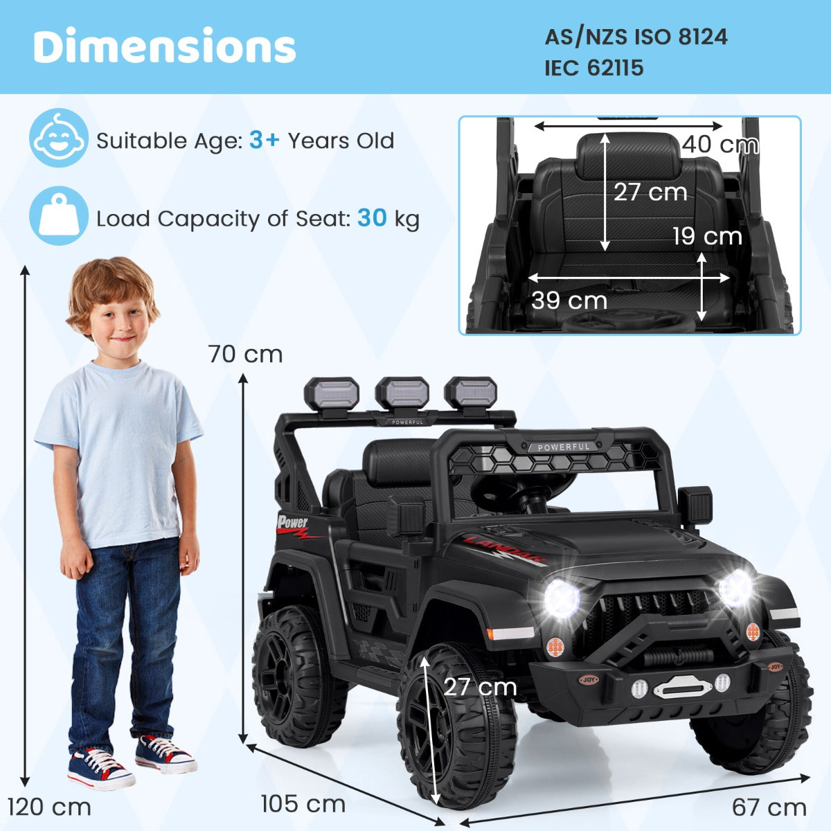12V kids ride-on truck with stable two-wheel drive, one-button ignition, soft start, and slow stop