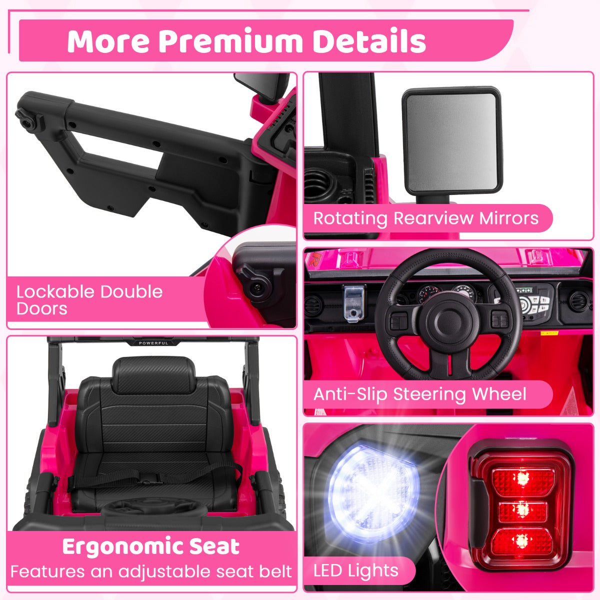 Rechargeable 12V ride-on jeep with charging port and battery display for convenient playtime monitoring