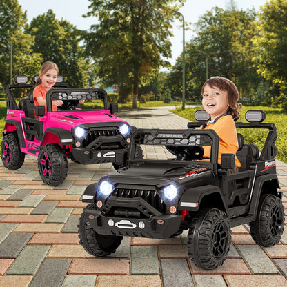 Ride-on jeep with voice prompts, wireless connection, volume control, USB port, and microphone input