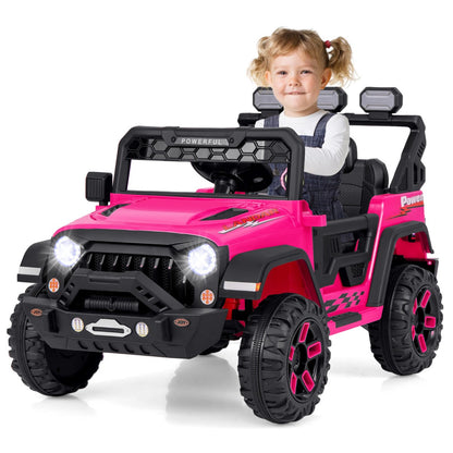 Realistic kids electric jeep with LED lights, rotating mirrors, lockable doors, and battery display