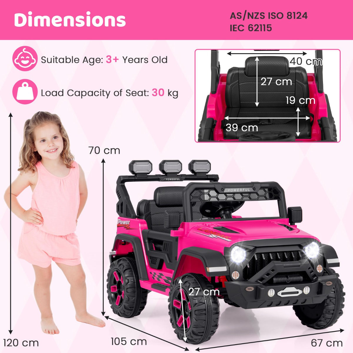 12V kids ride-on truck with stable two-wheel drive, one-button ignition, soft start, and slow stop
