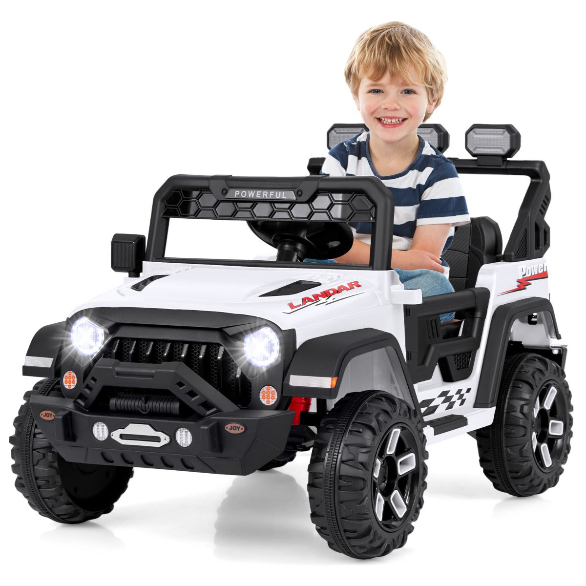 Rechargeable 12V ride-on jeep with charging port and battery display for convenient playtime monitoring