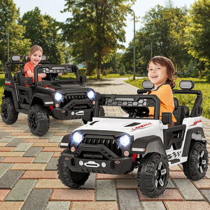 Ride-on jeep with voice prompts, wireless connection, volume control, USB port, and microphone input