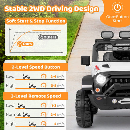 Realistic kids electric jeep with LED lights, rotating mirrors, lockable doors, and battery display