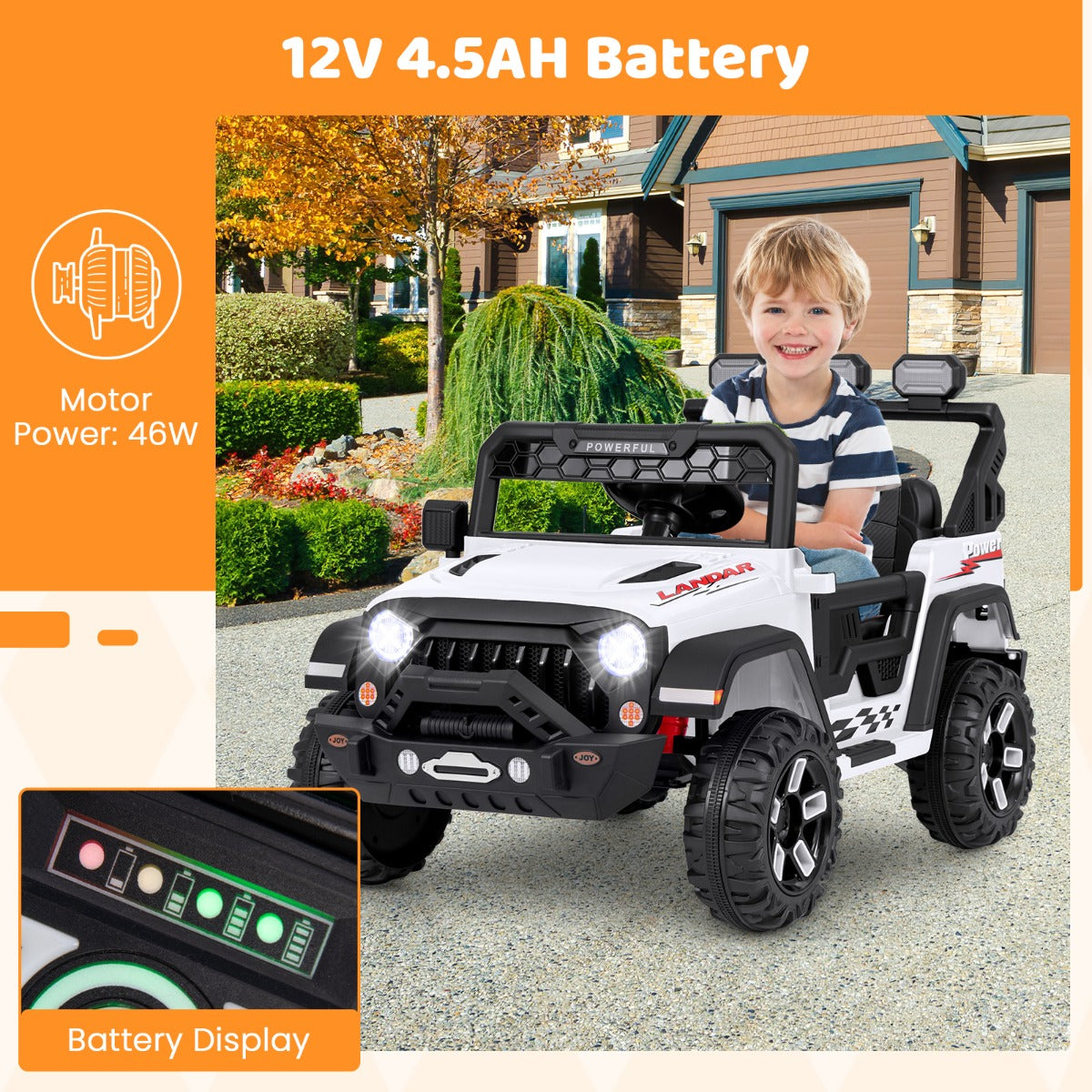 ASTM-compliant and CPSIA-certified 12V ride-on jeep designed for safe family-supervised adventures