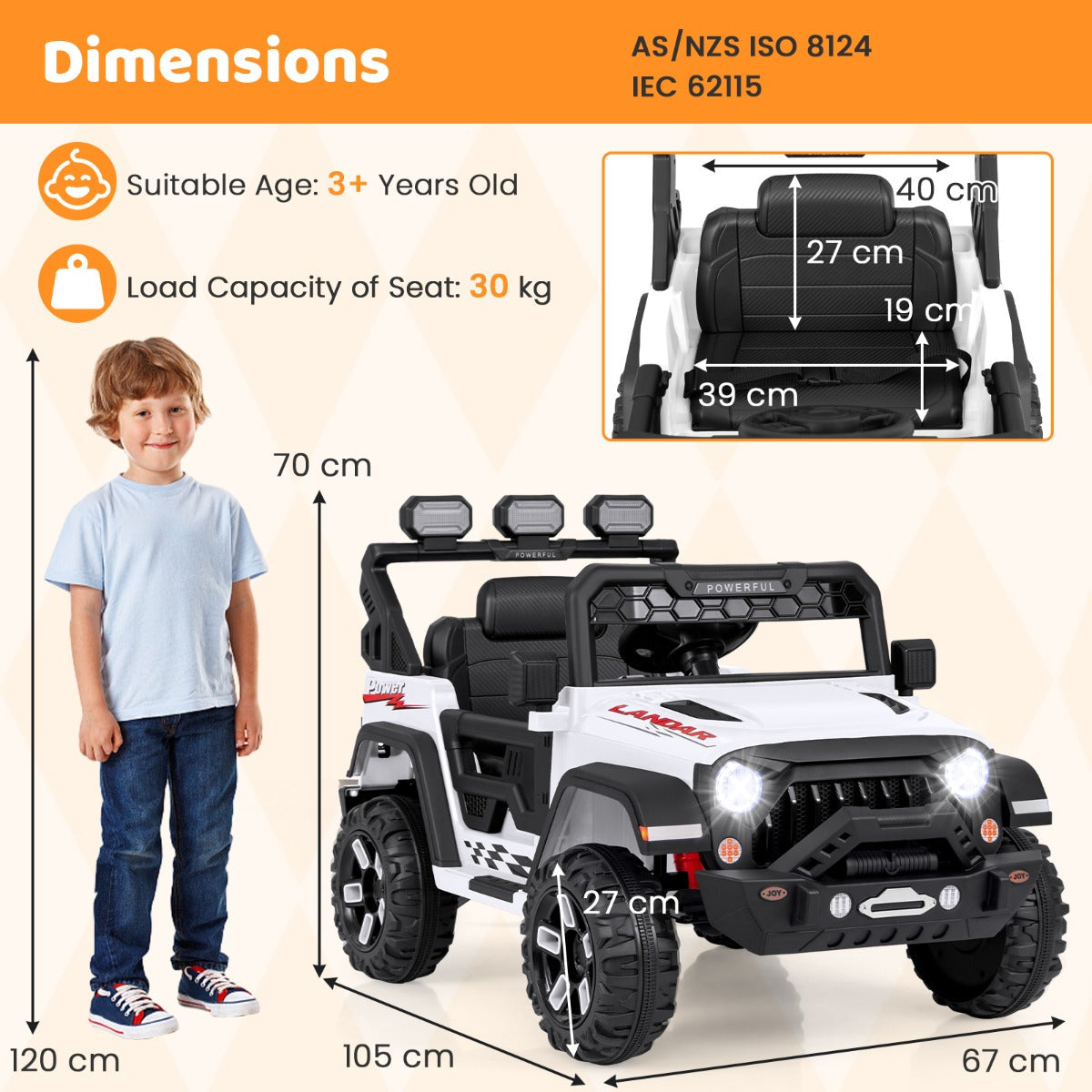 12V kids ride-on truck with stable two-wheel drive, one-button ignition, soft start, and slow stop
