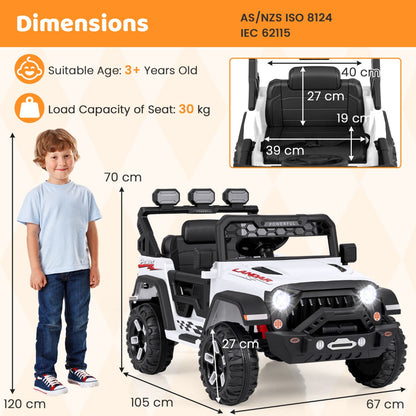 12V kids ride-on truck with stable two-wheel drive, one-button ignition, soft start, and slow stop