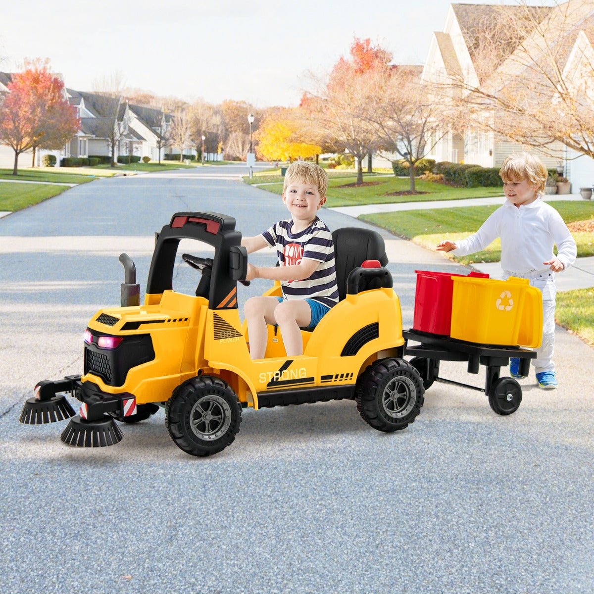 12V Kids Street Sweeper Truck with 2 Rotating Brushes and 2 Removable Rubbish Bins-Yellow
