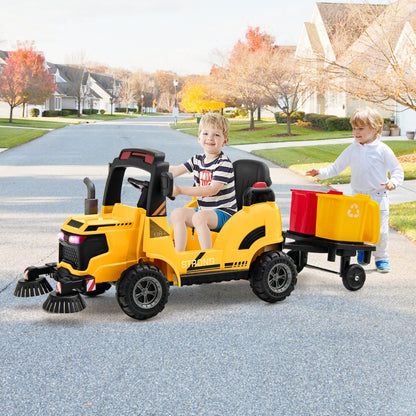 12V Kids Street Sweeper Truck with 2 Rotating Brushes and 2 Removable Rubbish Bins-Yellow
