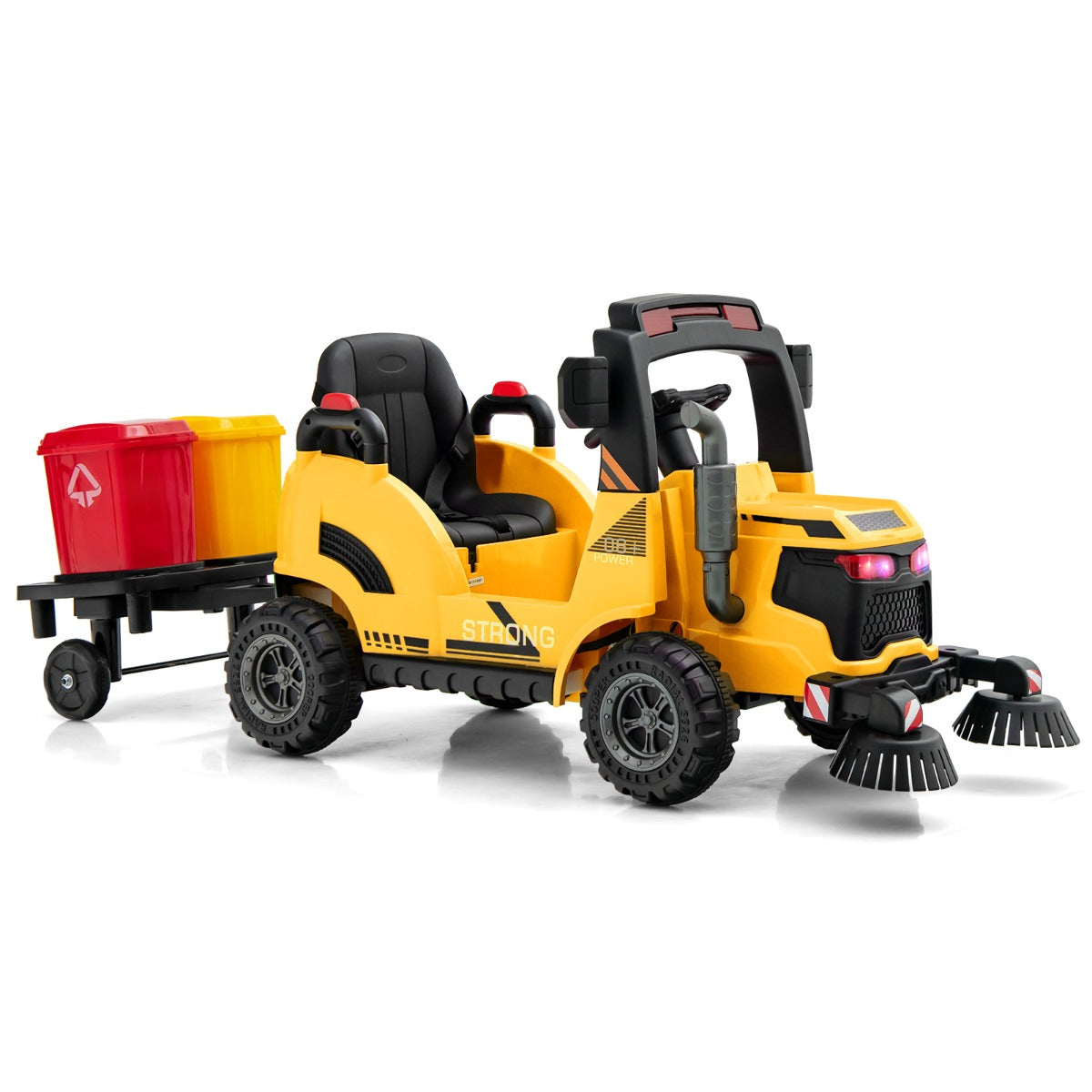 12V Kids Street Sweeper Truck with 2 Rotating Brushes and 2 Removable Rubbish Bins-Yellow
