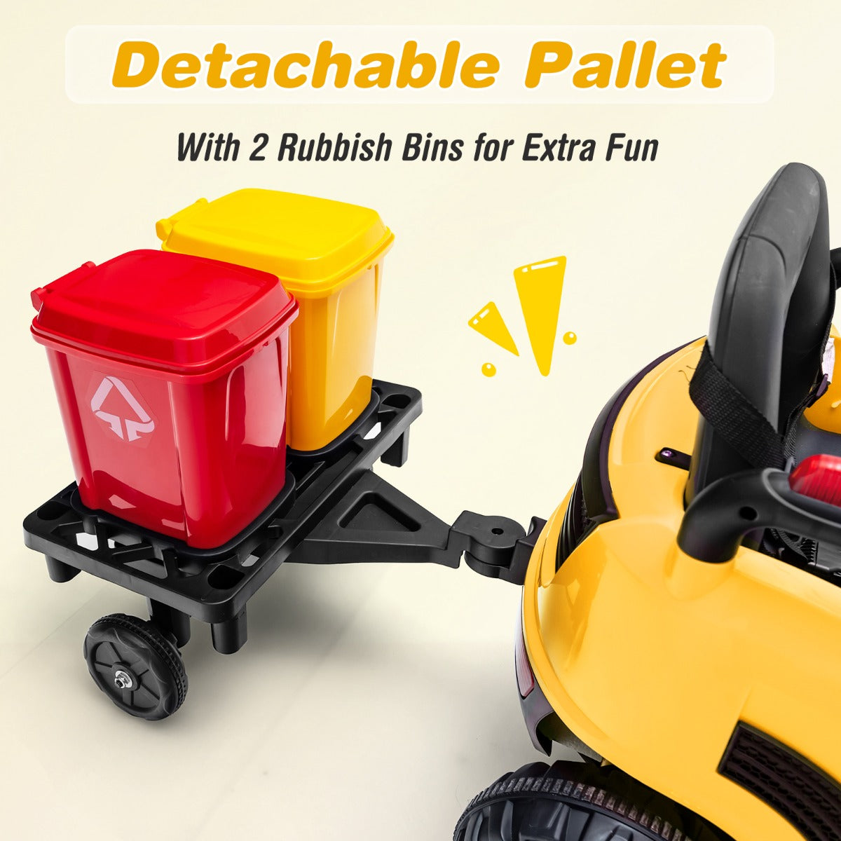12V Kids Street Sweeper Truck with 2 Rotating Brushes and 2 Removable Rubbish Bins-Yellow