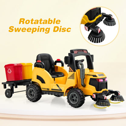 12V Kids Street Sweeper Truck with 2 Rotating Brushes and 2 Removable Rubbish Bins-Yellow