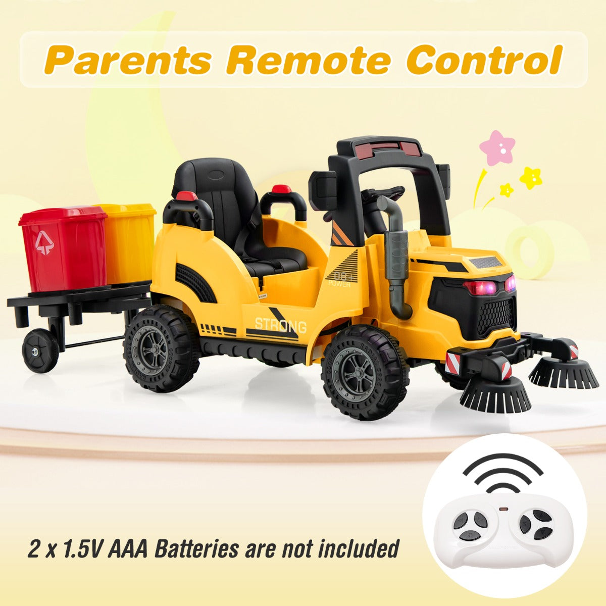 12V Kids Street Sweeper Truck with 2 Rotating Brushes and 2 Removable Rubbish Bins-Yellow