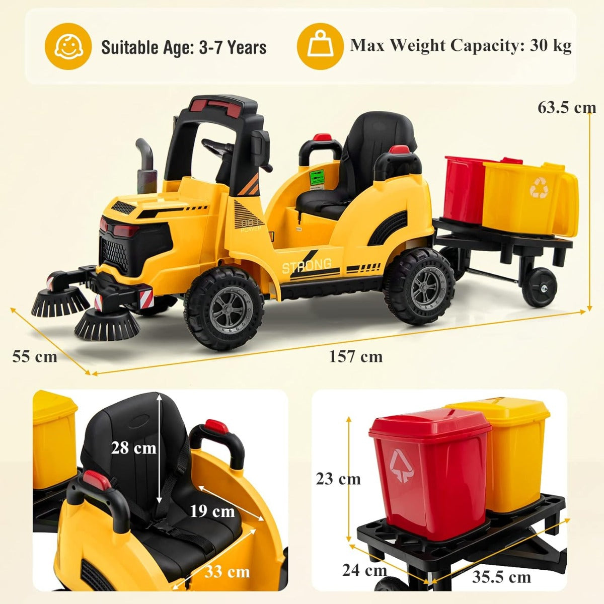 12V Kids Street Sweeper Truck with 2 Rotating Brushes and 2 Removable Rubbish Bins-Yellow