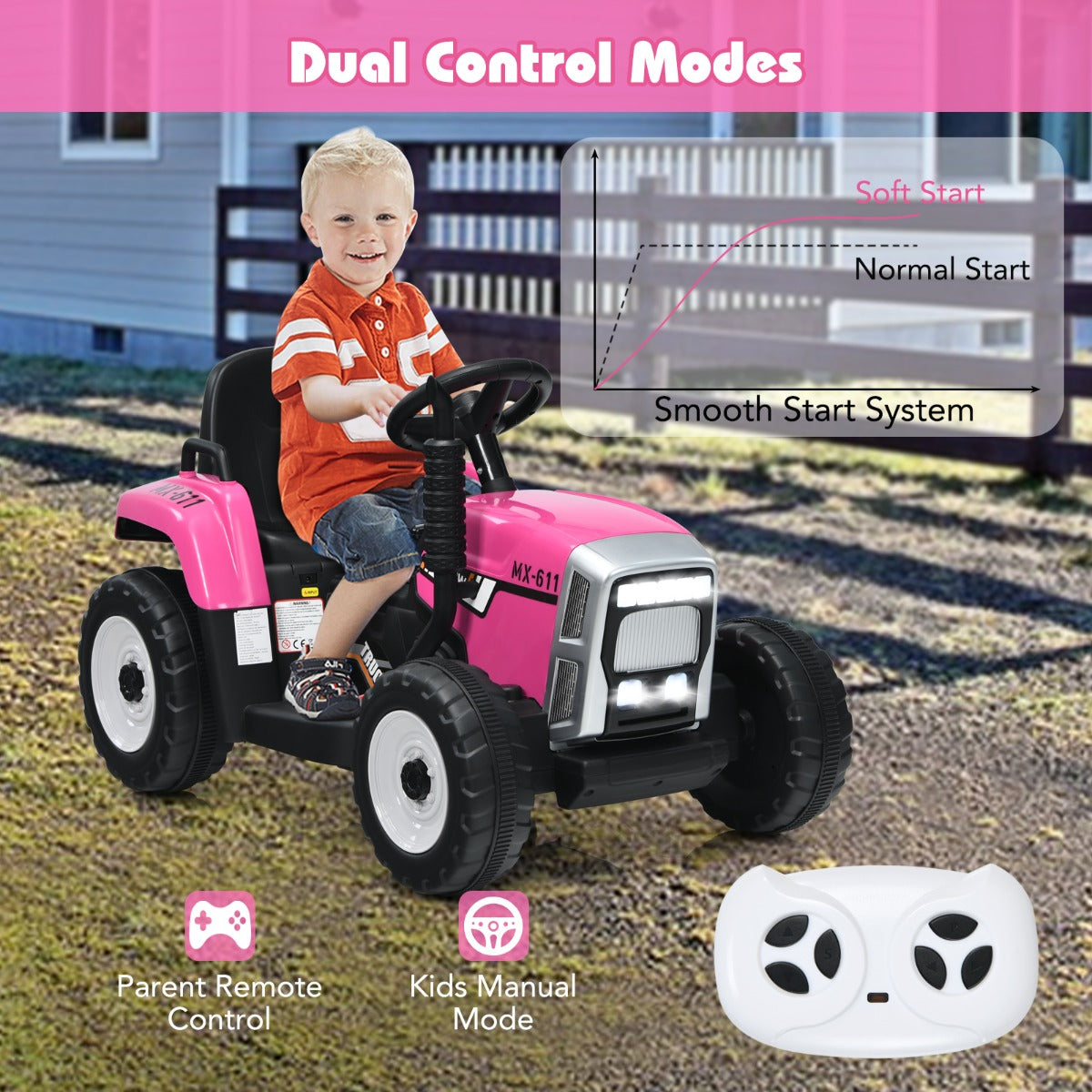 12V Kids Ride On Tractor with Trailer and Remote Control-Pink