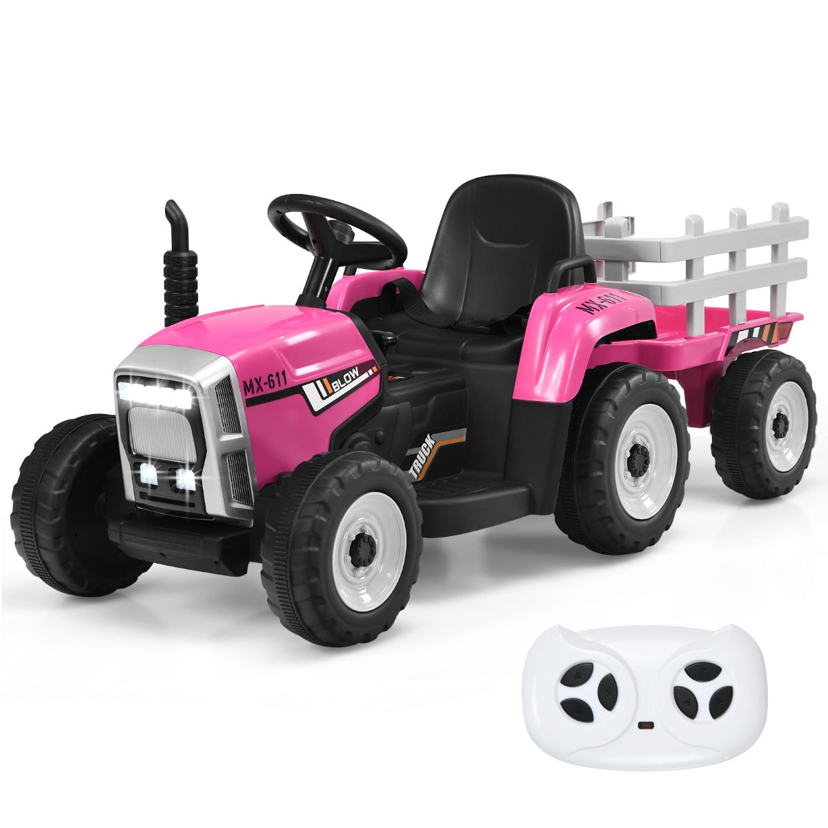 12V Kids Ride On Tractor with Trailer and Remote Control-Pink