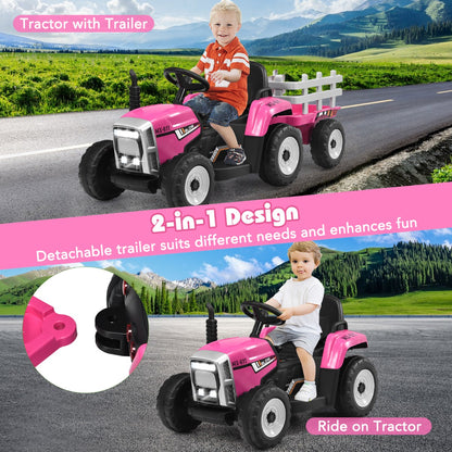 12V Kids Ride On Tractor with Trailer and Remote Control-Pink