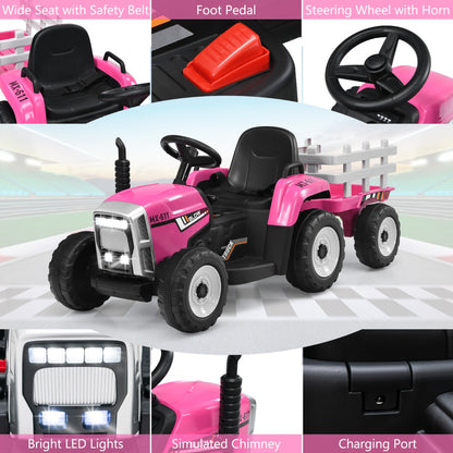 12V Kids Ride On Tractor with Trailer and Remote Control-Pink