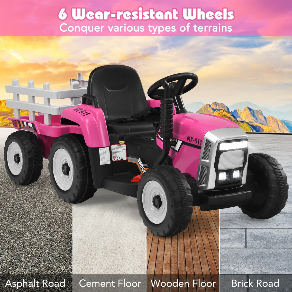12V Kids Ride On Tractor with Trailer and Remote Control-Pink