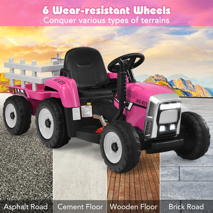12V Kids Ride On Tractor with Trailer and Remote Control-Pink