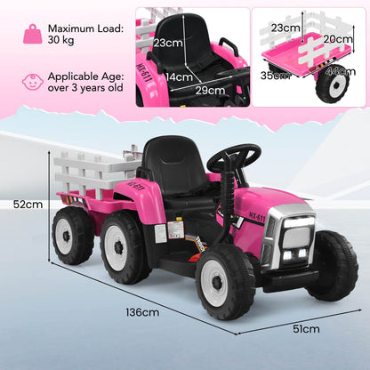 12V Kids Ride On Tractor with Trailer and Remote Control-Pink
