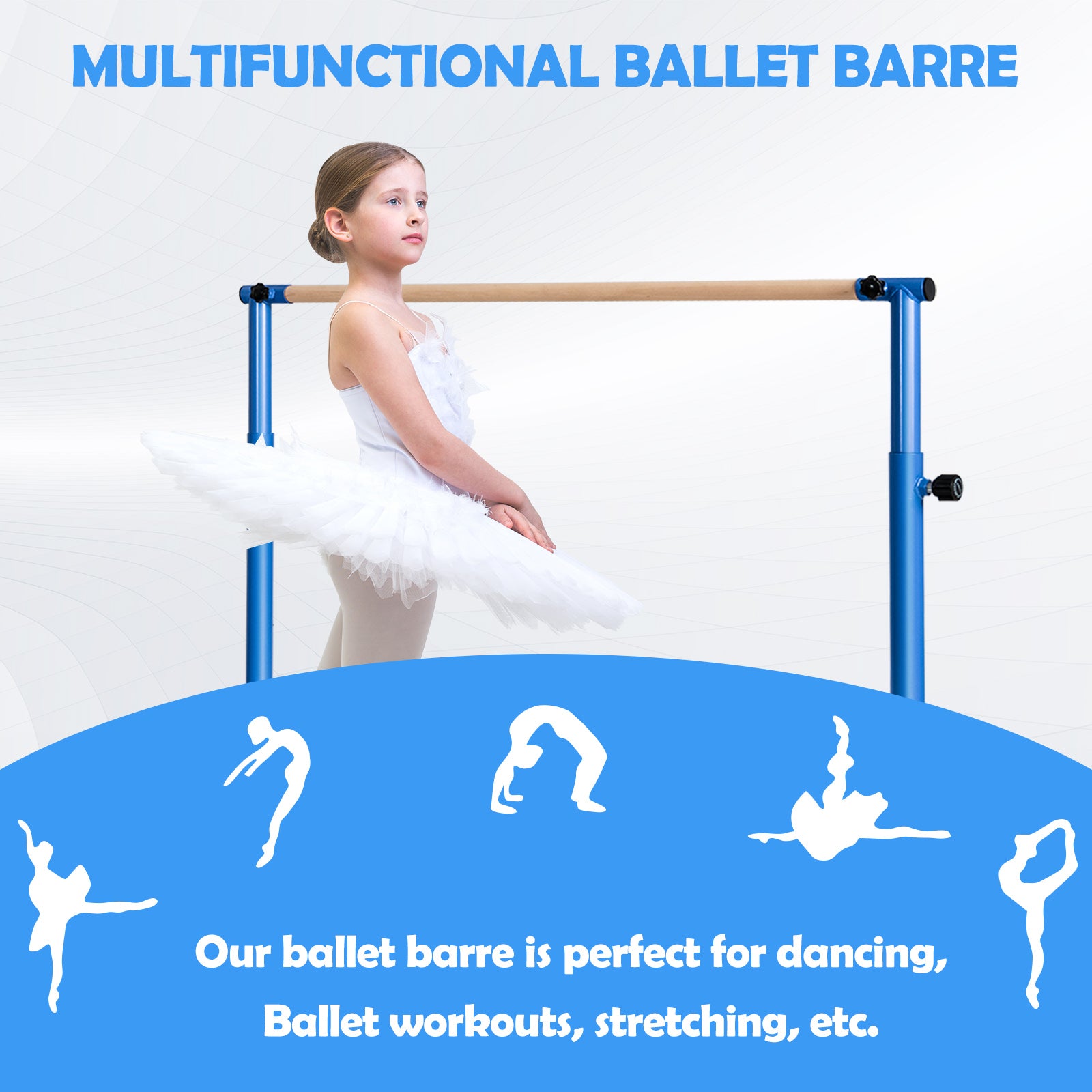 130 cm Ballet Barre Bar with 4-Position Adjustable Height-Blue