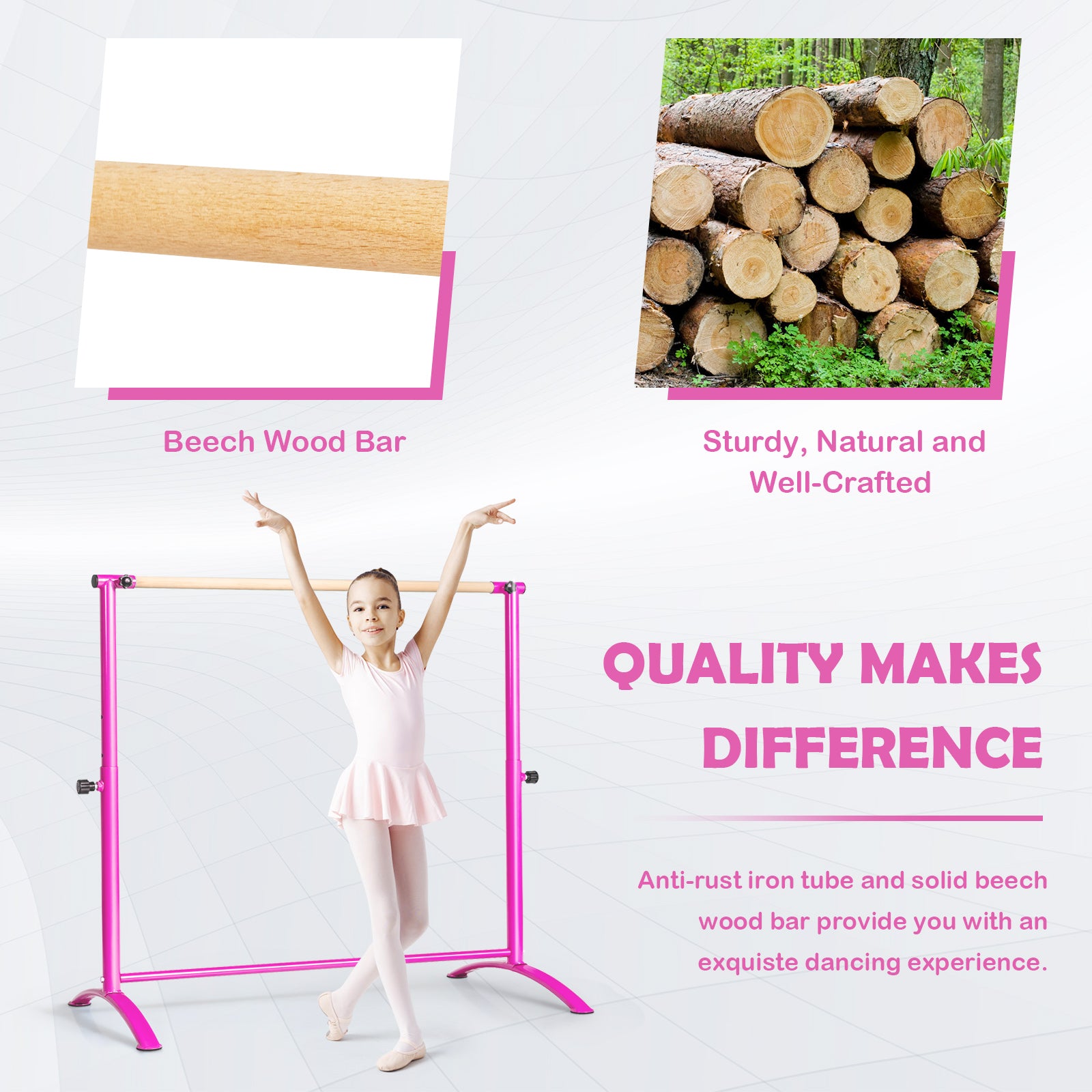 130 cm Ballet Barre Bar with 4-Position Adjustable Height-Pink