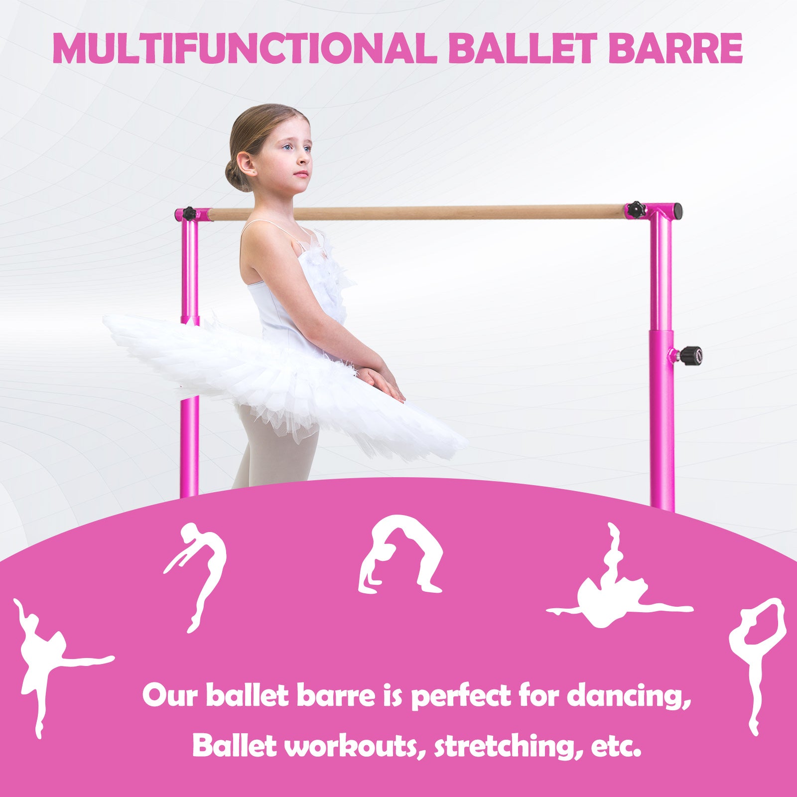 130 cm Ballet Barre Bar with 4-Position Adjustable Height-Pink