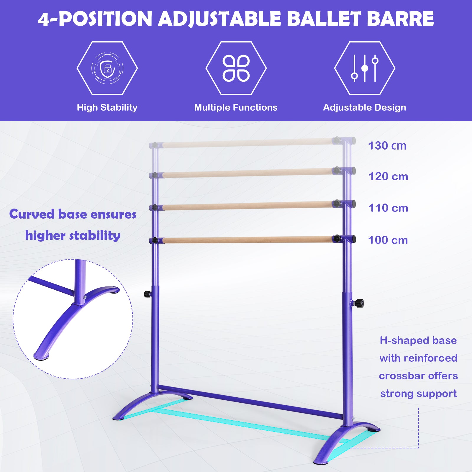 130 cm Ballet Barre Bar with 4-Position Adjustable Height-Purple