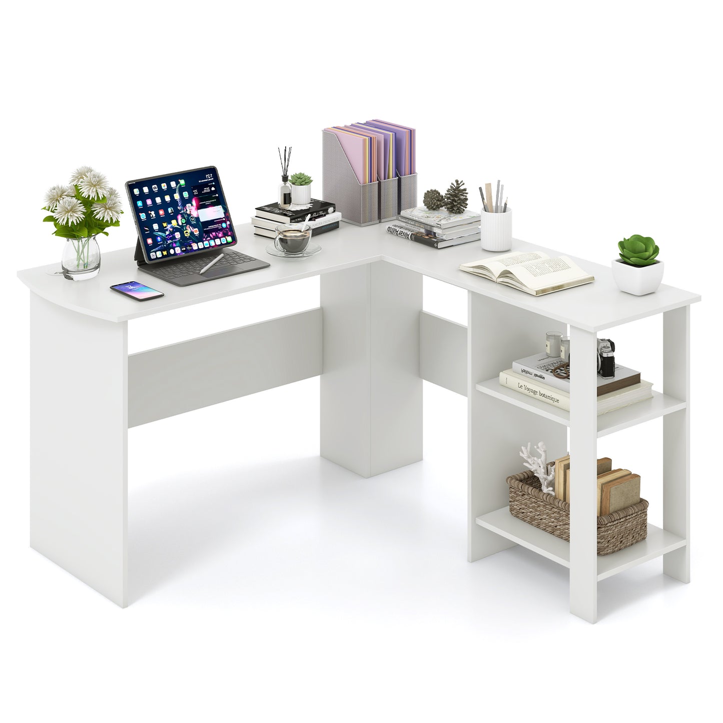 Large L-shaped Computer Desk 130cm Corner Gaming Desk with CPU Stand-White