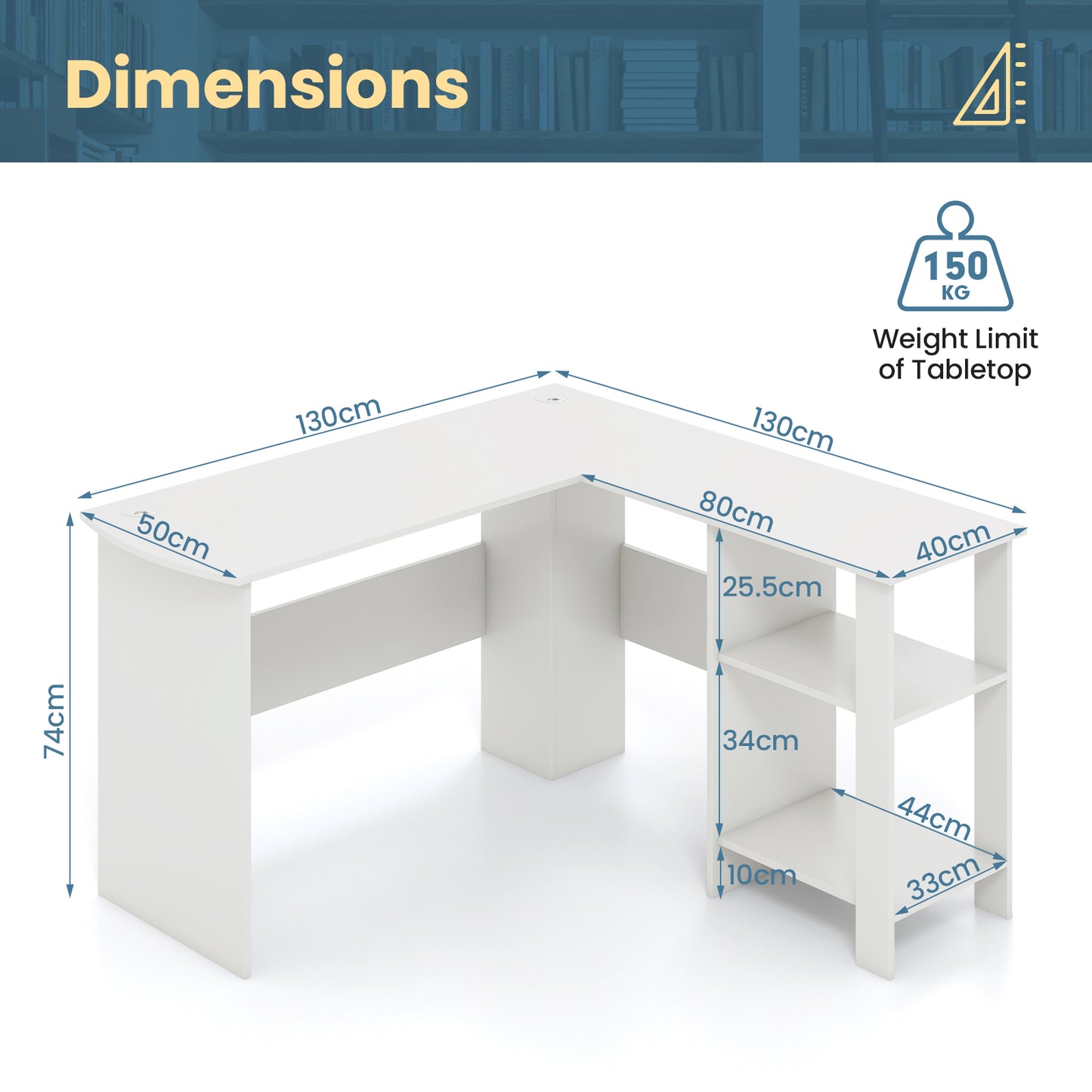 Large L-shaped Computer Desk 130cm Corner Gaming Desk with CPU Stand-White