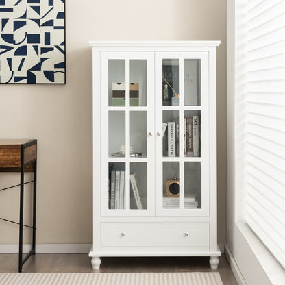 Costway 139 cm Bookcase Cabinet with Tempered Glass Doors and Adjustable Shelf-White