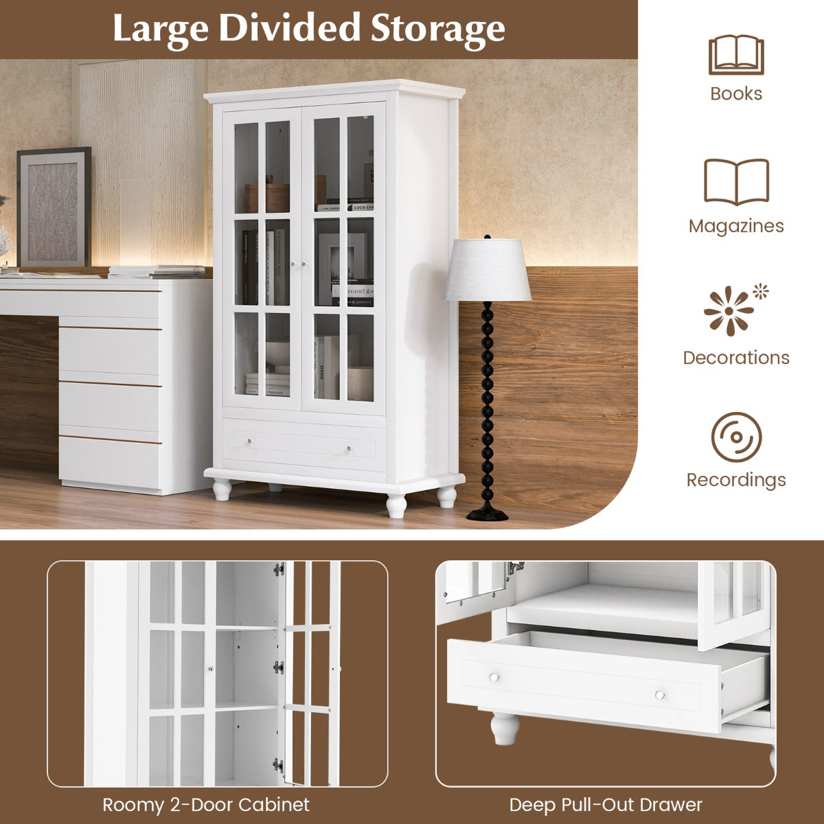 Costway 139 cm Bookcase Cabinet with Tempered Glass Doors and Adjustable Shelf-White