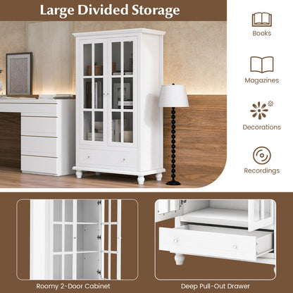 Costway 139 cm Bookcase Cabinet with Tempered Glass Doors and Adjustable Shelf-White