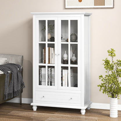 Costway 139 cm Bookcase Cabinet with Tempered Glass Doors and Adjustable Shelf-White