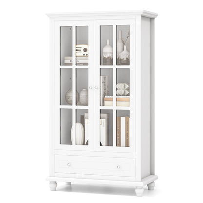 Costway 139 cm Bookcase Cabinet with Tempered Glass Doors and Adjustable Shelf-White
