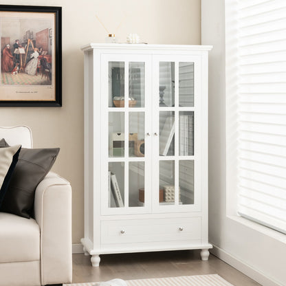 Costway 139 cm Bookcase Cabinet with Tempered Glass Doors and Adjustable Shelf-White
