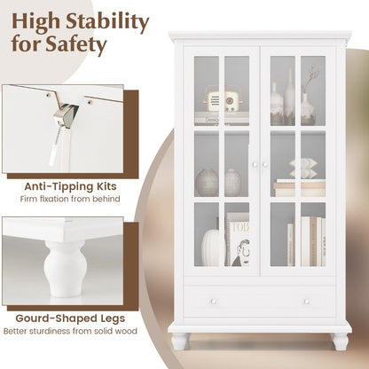 Costway 139 cm Bookcase Cabinet with Tempered Glass Doors and Adjustable Shelf-White