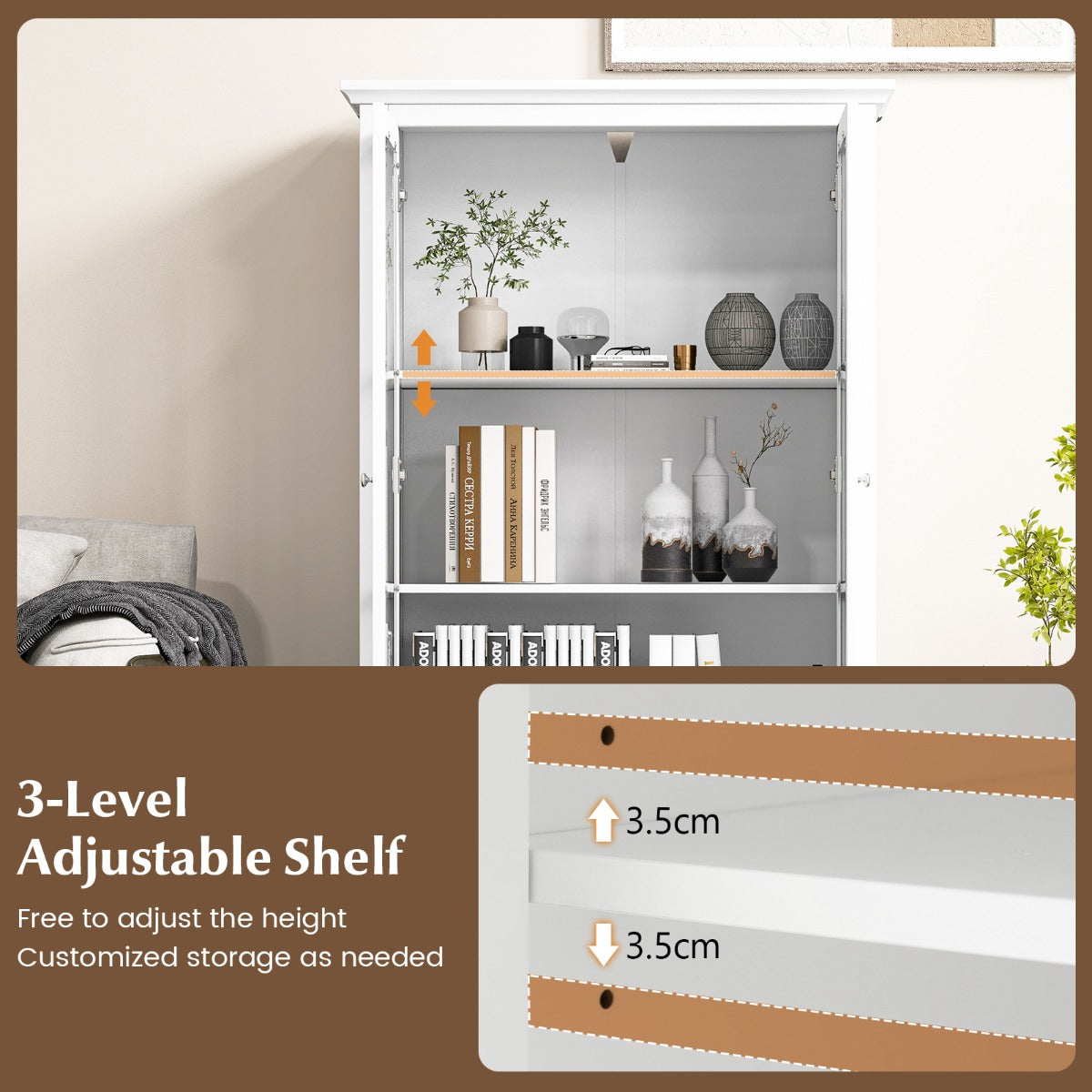 Costway 139 cm Bookcase Cabinet with Tempered Glass Doors and Adjustable Shelf-White