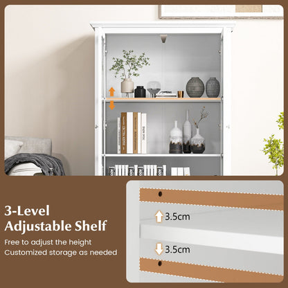 Adjustable shelf spacing helps accommodate items of different heights inside the glass-door cabinet