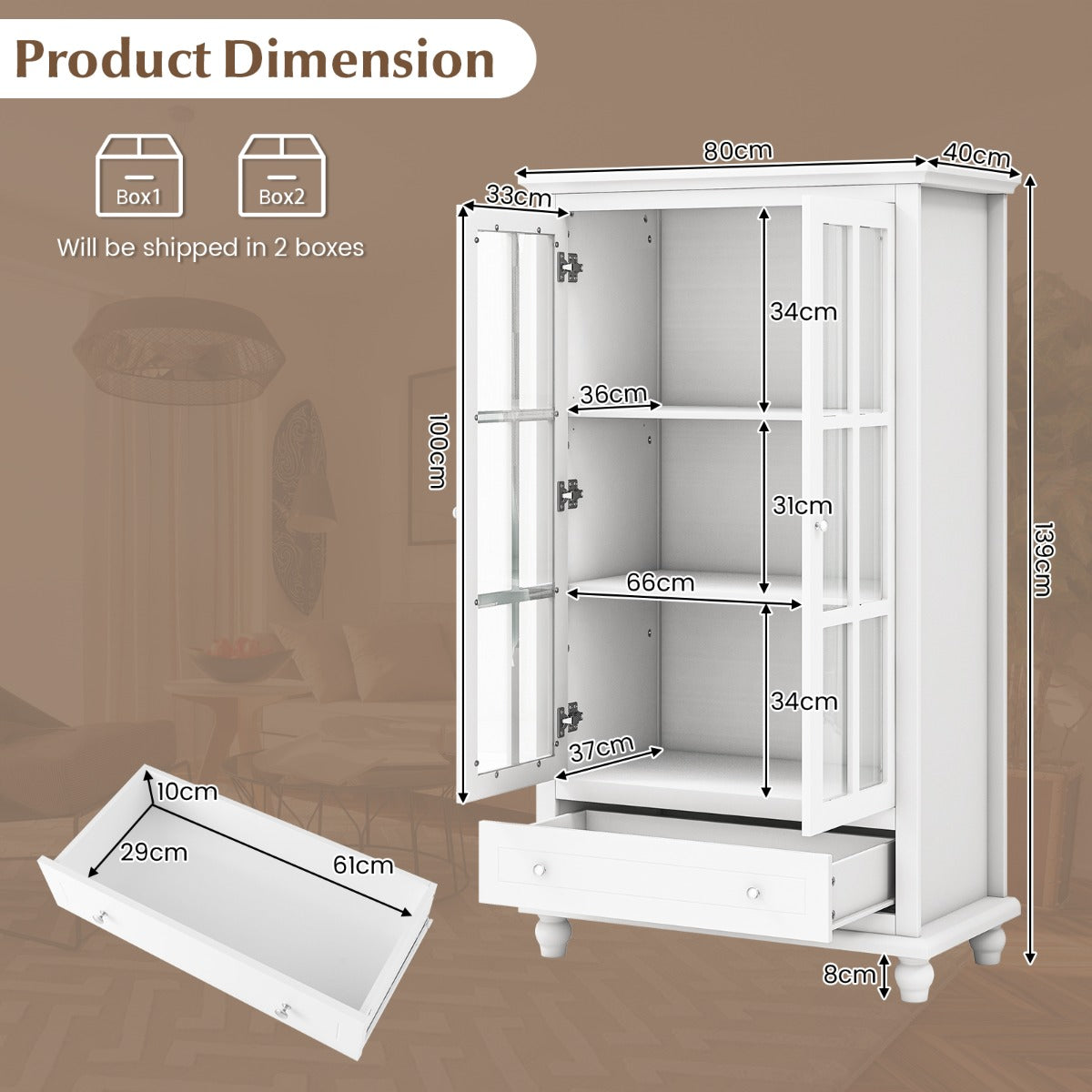 Costway 139 cm Bookcase Cabinet with Tempered Glass Doors and Adjustable Shelf-White
